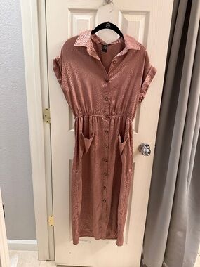 Satin Button-Front Midi Shirt Dress in Dusty Rose